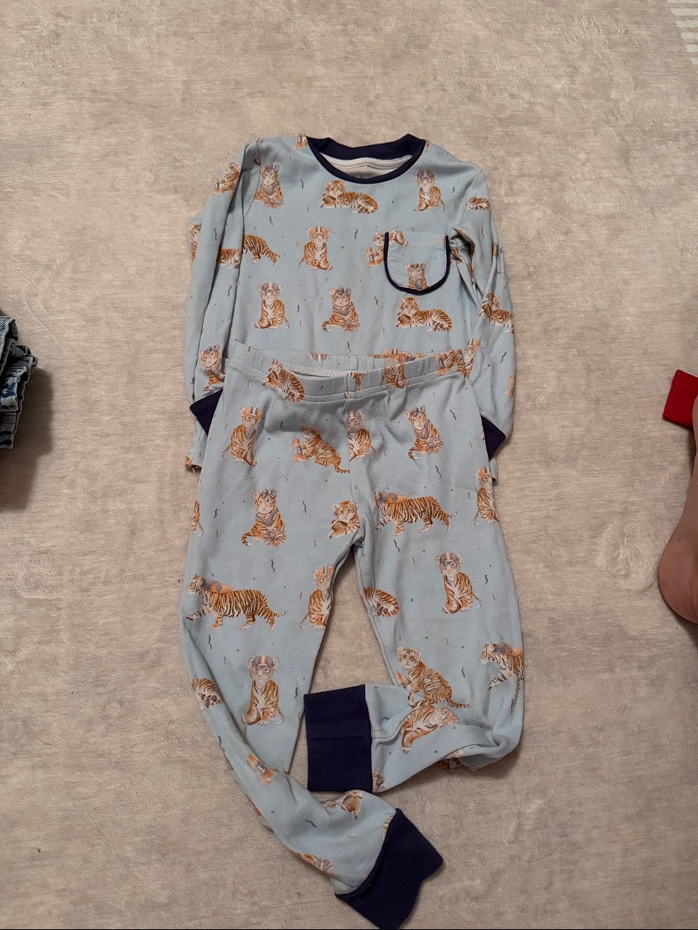 Light Blue Tiger Print Kids Pajama Set with Navy Trim